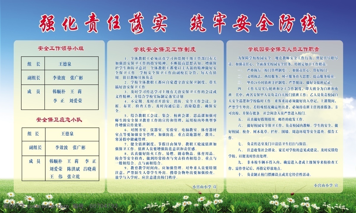 強(qiáng)化責(zé)任落實(shí) 筑牢安全防線 學(xué)校制度 制度牌 學(xué)校展板 藍(lán)天白云 學(xué)校 安全 保衛(wèi) 工作制度 工作人員 職責(zé) 白色