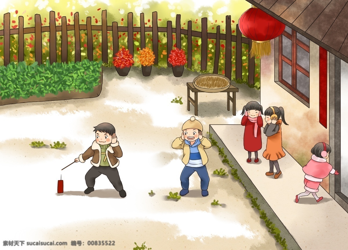 春節(jié) 傳統(tǒng) 過(guò)節(jié) 放 鞭炮 插畫 背景 放鞭炮 古風(fēng)背景 分層 背景素材