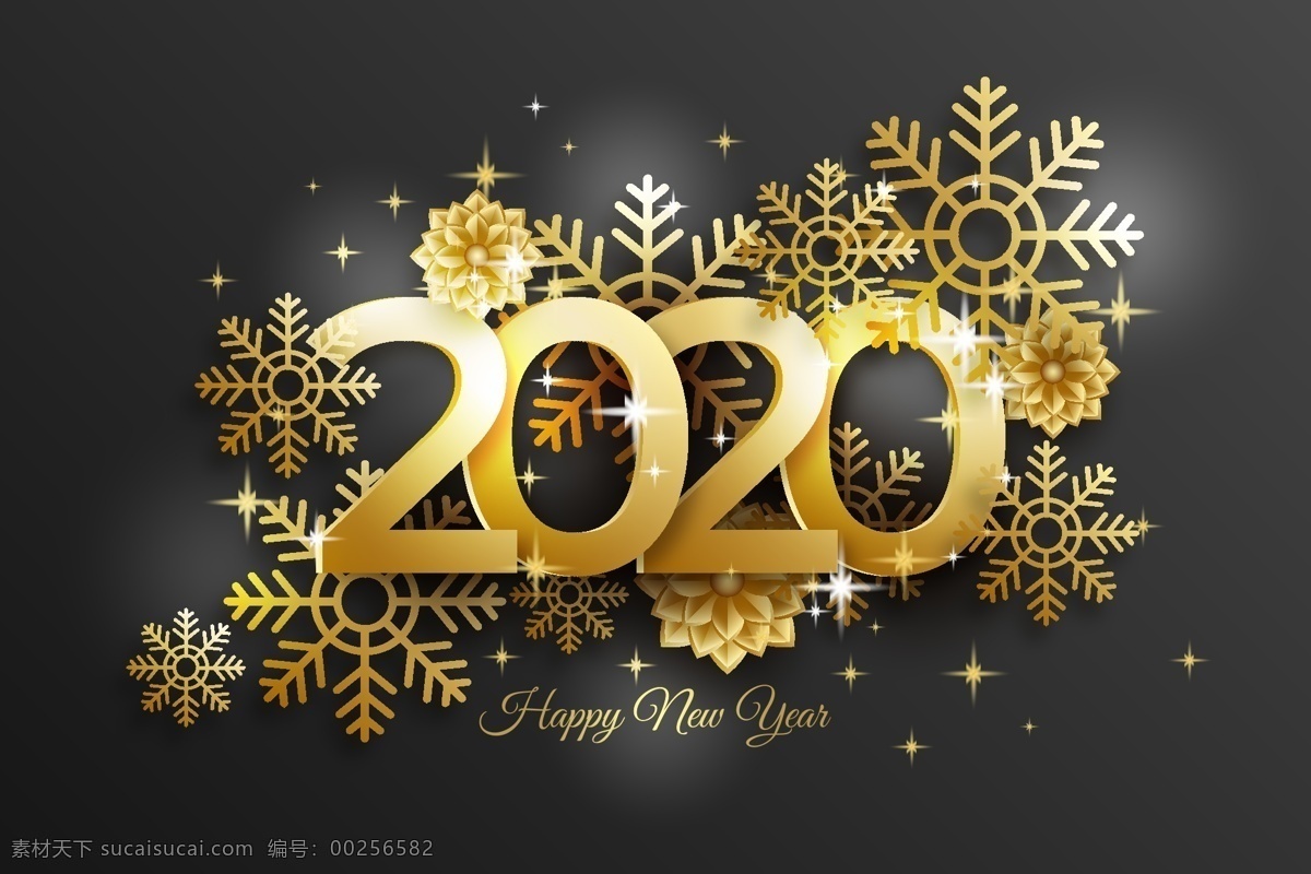 2020 年 金色 雪花 新年贺卡 happy new year 2020年 新年快乐 贺卡 花卉 鼠年 矢量素材