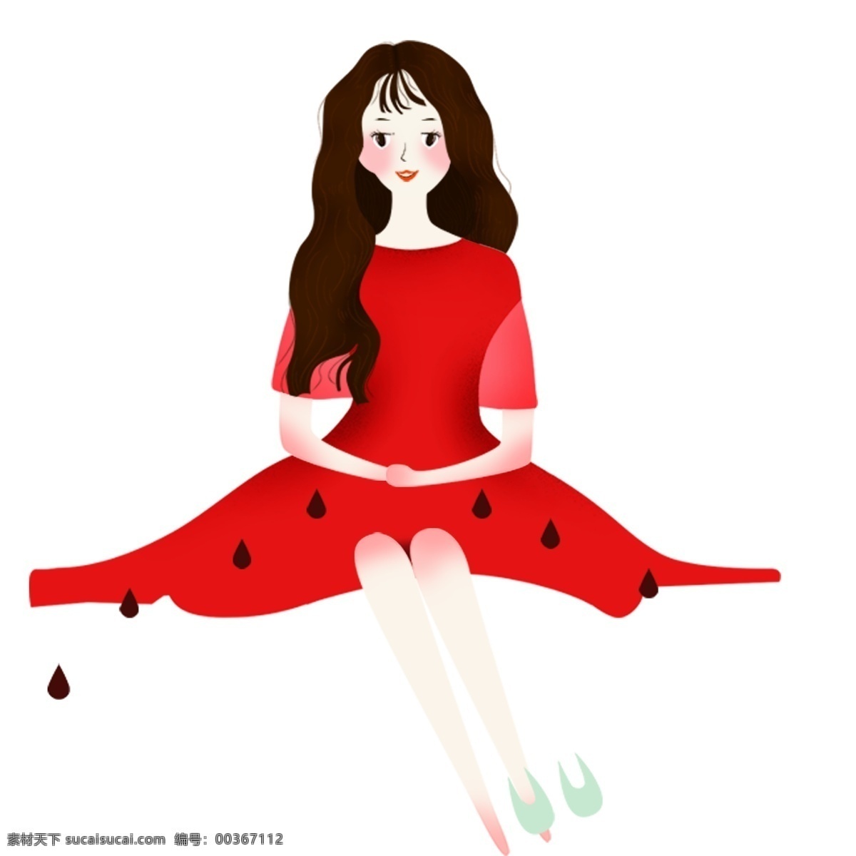 長(zhǎng)裙 端莊 少女 元素 美麗 女神 長(zhǎng)發(fā) 紅裙 手繪 裝飾元素