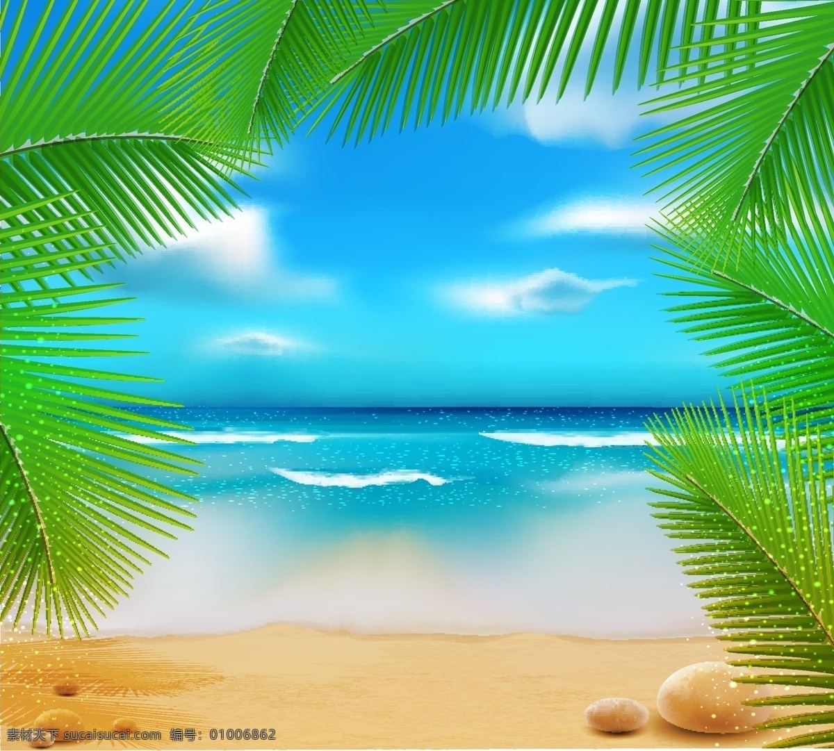 矢量 热带 风光 背景 沙滩 大海 浪花 石头 树叶 天空 白云 自然风光 卡通背景 空间环境 矢量素材 青色 天蓝色