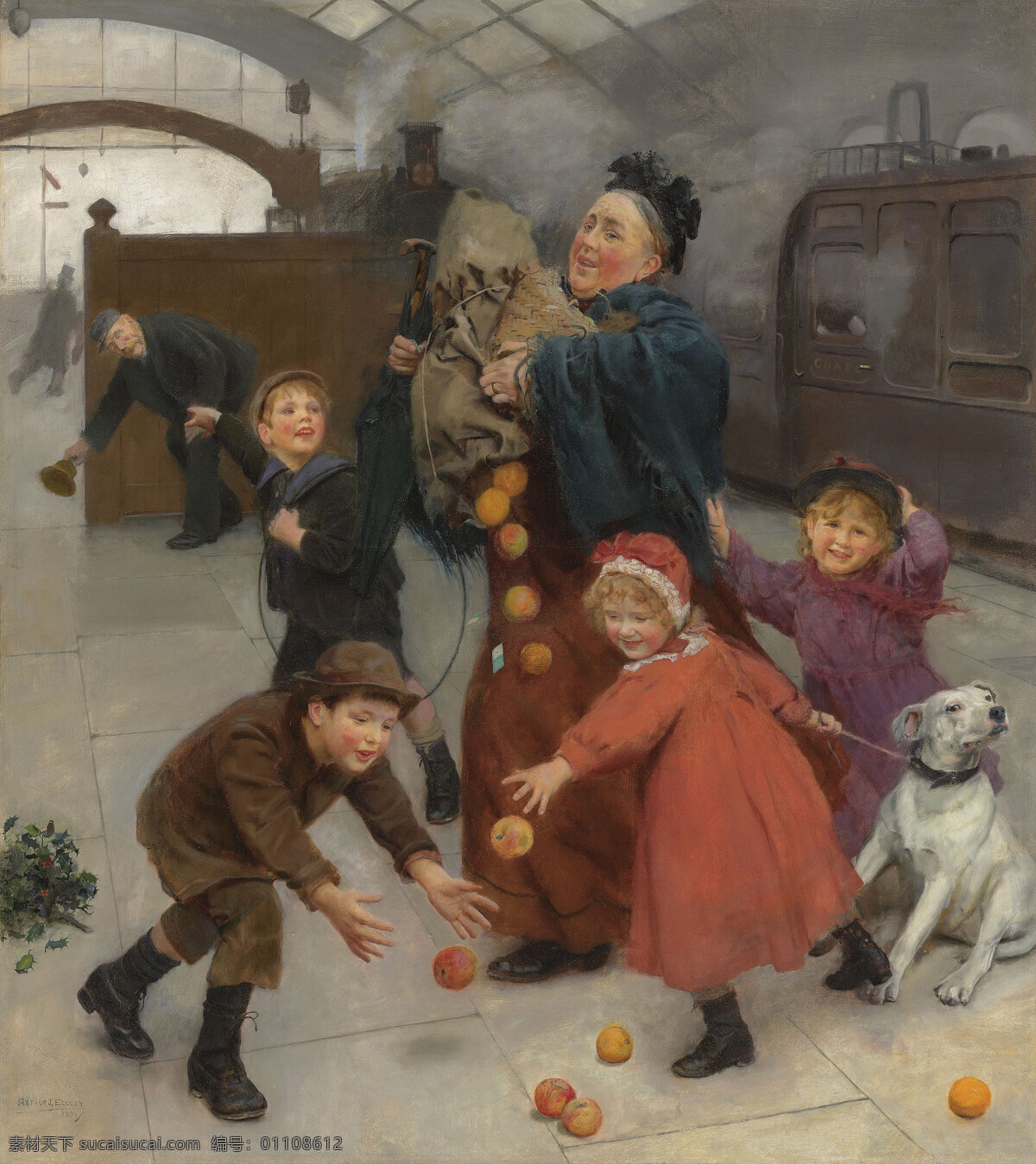 亚瑟 约翰 埃尔斯利作品 英国画家 欲速则不达 火车进站 四个孩子 玩闹 老年妇人 忙作一团 19世纪油画 油画 文化艺术 绘画书法