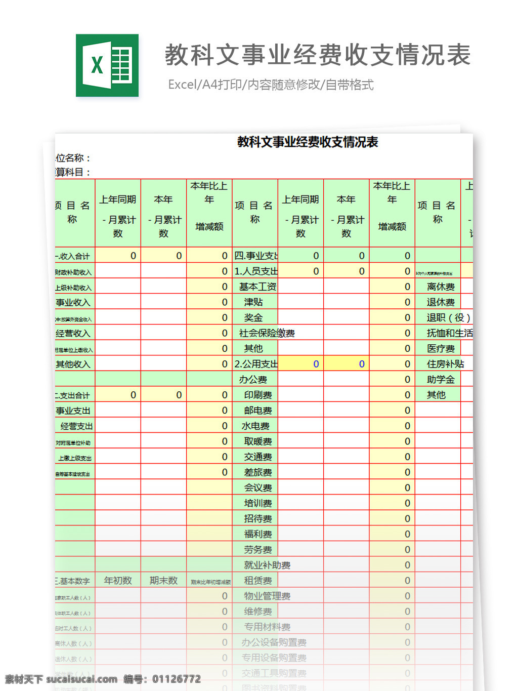 教科文 事业 经费 收支 情况表 项目名称 本年月累计 预算科目 期末数 基本数字 租赁费