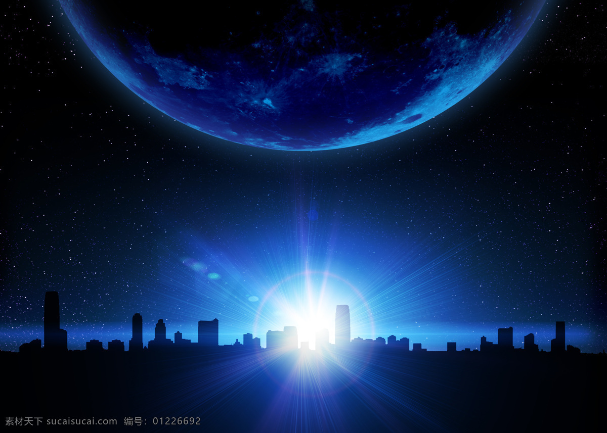 太空系列城市 星球 夜空 城市 黑夜 蓝色 背景 亮光 大图 黑色