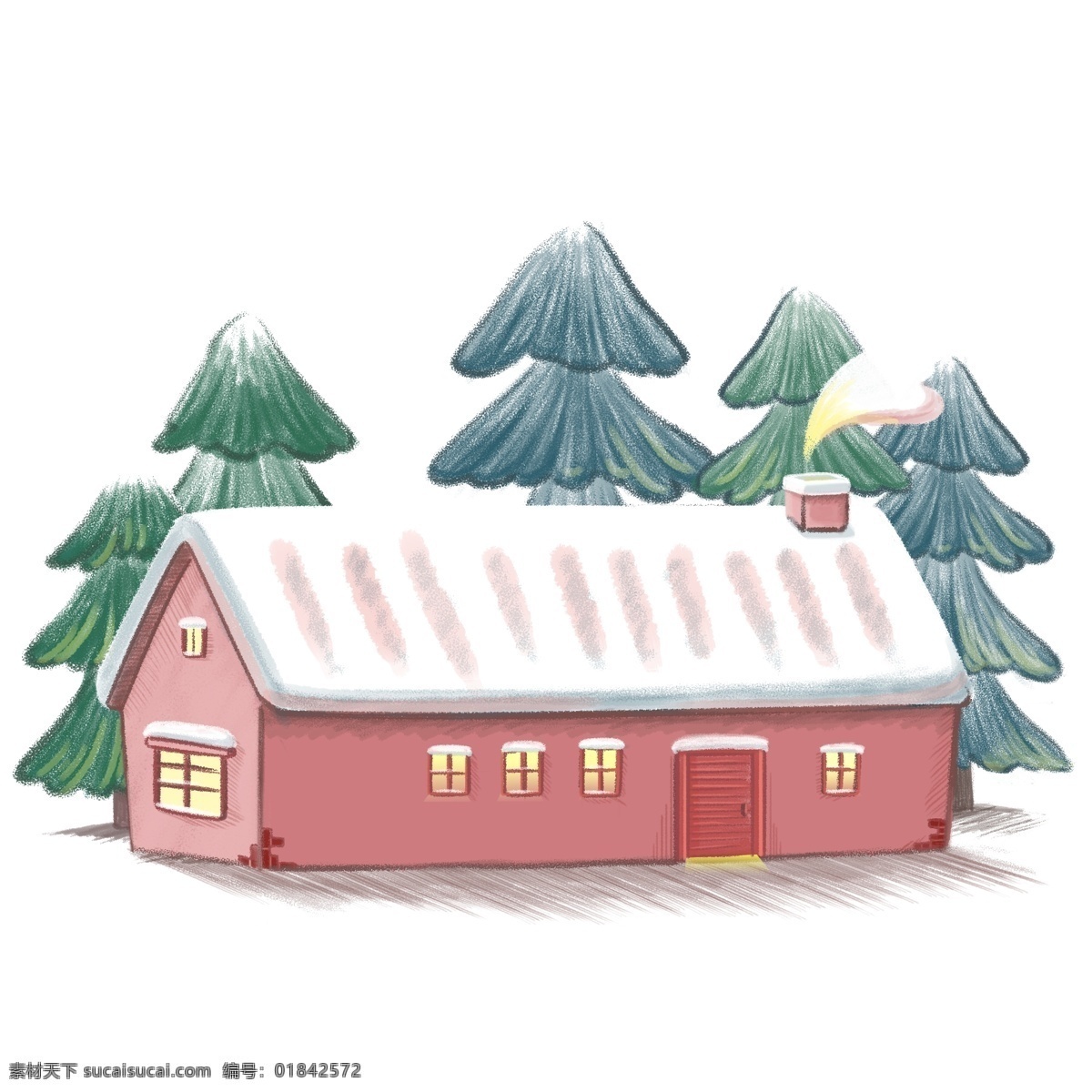 童话 风 林中 积雪 小屋 松树 冬天 雪景 温馨 小房子 冬日 手绘风 烟囱 屋子