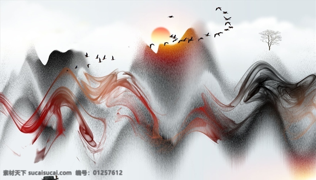 水墨畫 小船 飄帶 大雁 樹圖片 樹 背景墻 電視背景墻 現(xiàn)代背景墻 簡(jiǎn)約背景墻 分層