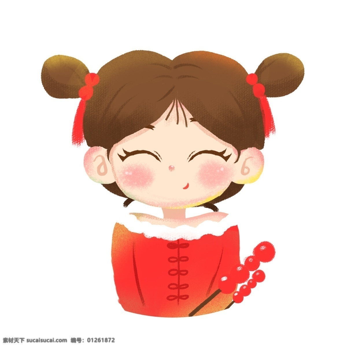 卡通 手绘 中国娃娃 女孩 蜡笔 人物 红色 新年 手绘糖葫芦 过年气氛 节气 红色系 水彩风格 童话故事插画