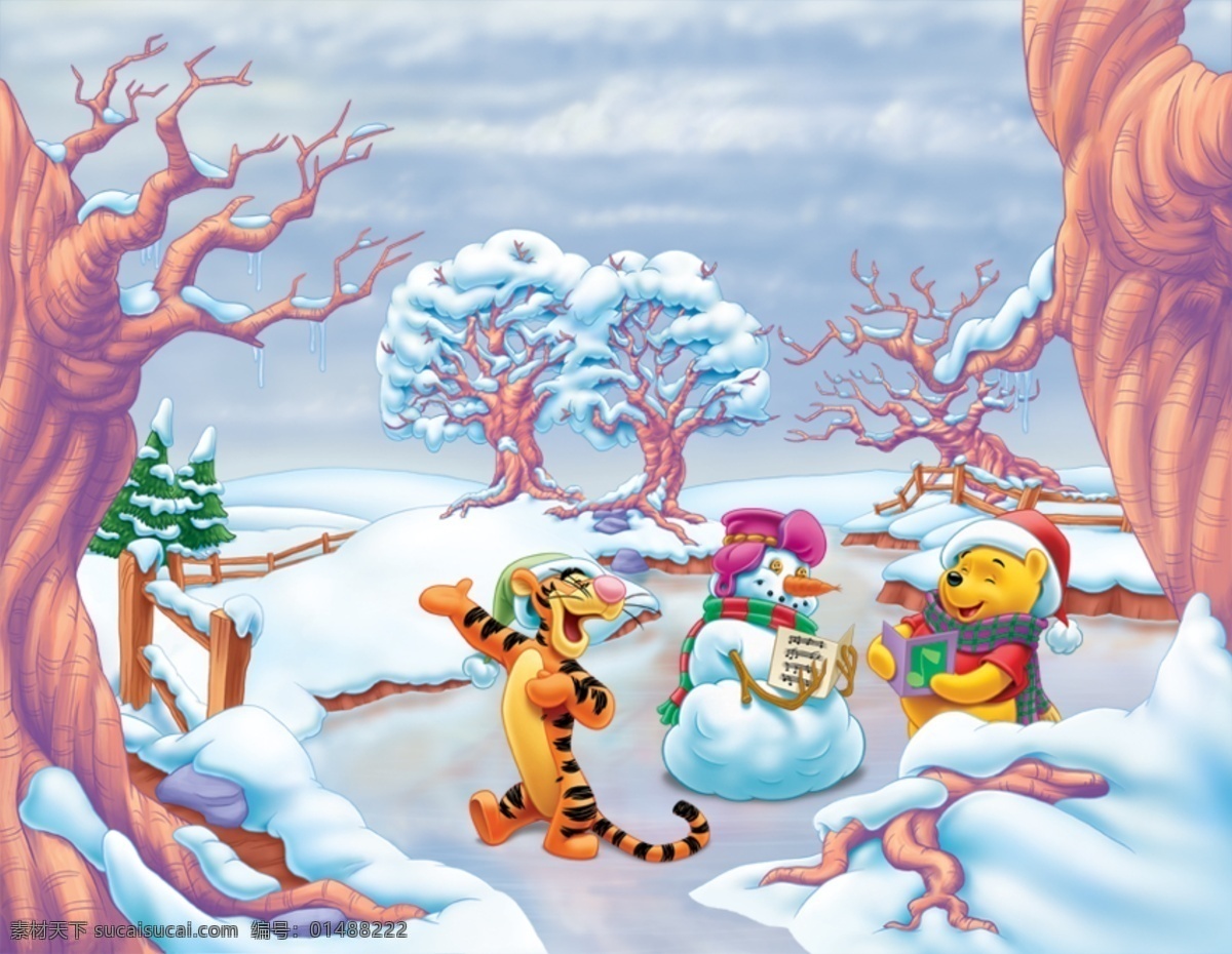 迪斯尼 维尼 小 熊 维尼小熊 雪人 圣诞树 下雪 雪景 psd素材 源文件库