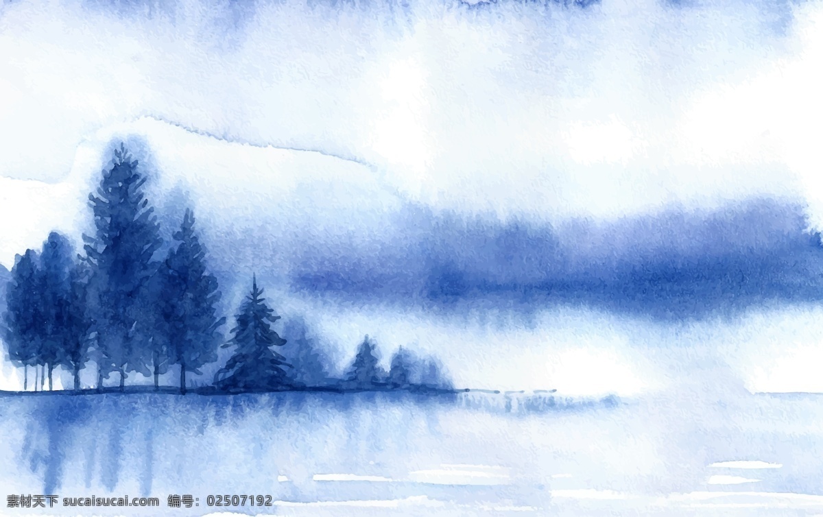 朦胧 水彩画 冬季 森林 河边 矢量 水彩 画 水墨 远山 蓝色 卡通 山脉 风景 插画