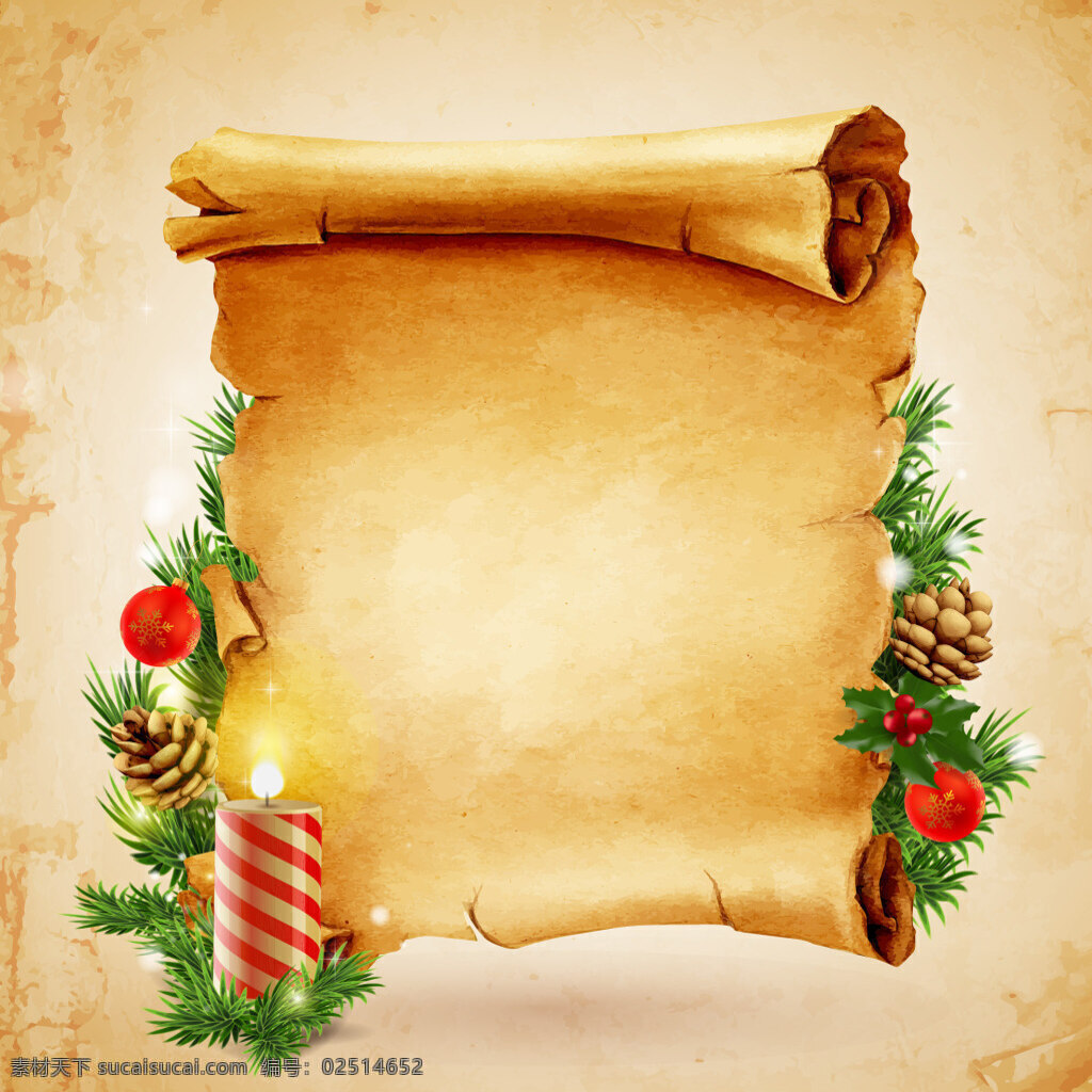 矢量 复古 牛皮纸 质感 圣诞节 蜡烛 背景 黄色 立体 松枝 庆祝
