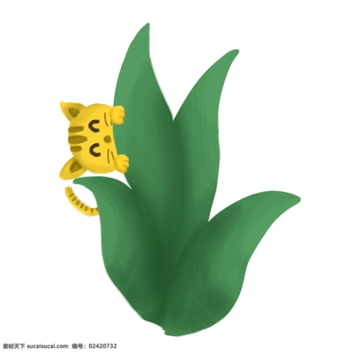 春天 夏天 猫 叶 手绘 插画 黄色 绿色 捉迷藏 植物 动物 自然 户外 源文件 高清