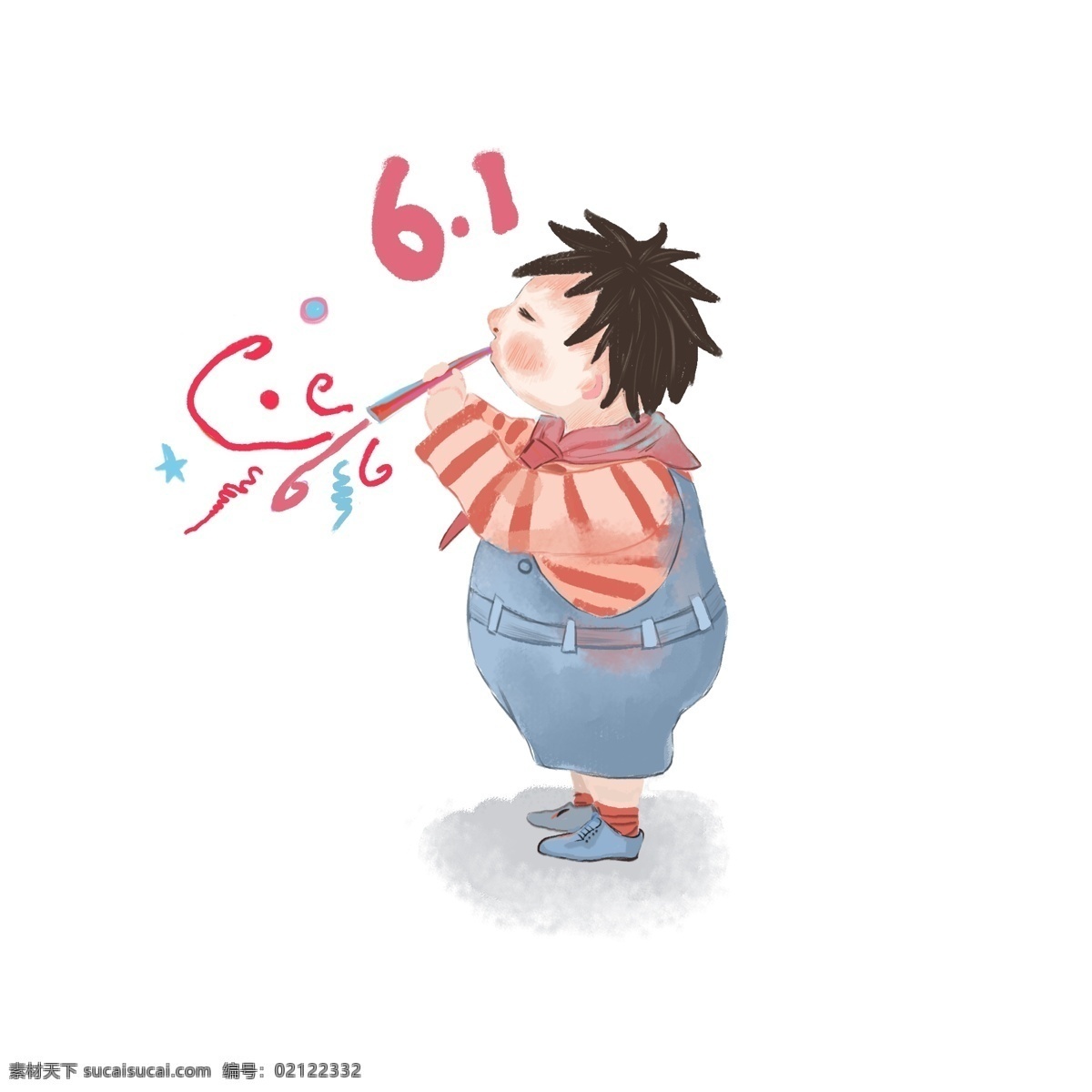 卡通 手绘 男孩 儿童节 庆祝 图 6.1 节日 背带裤 彩带 条纹 吹彩带 兴奋 红领巾 胖胖的