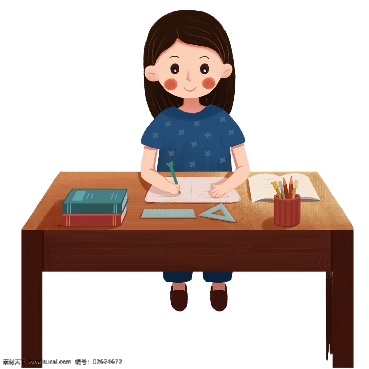 认真 上课 女孩 元素 人物 卡通女孩 桌子 学习 书本 手绘 创意元素 手绘元素 psd元素 免抠元素