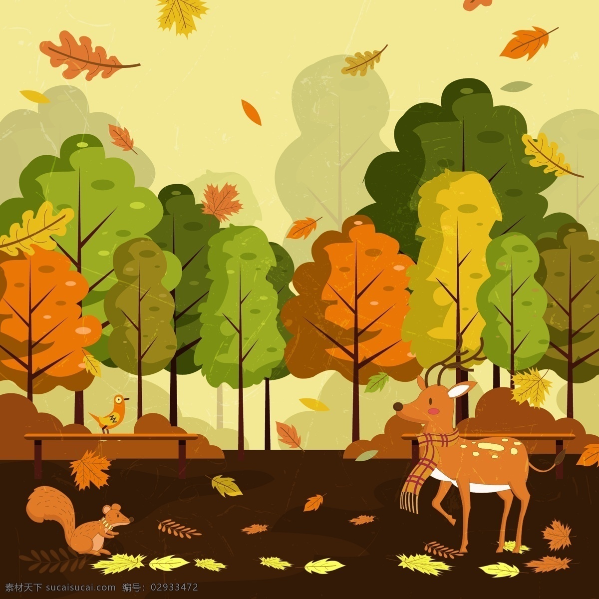 创意秋天 公园里的动物 矢量素材 树叶 落叶 树木 鹿 松鼠 长椅 鸟 灌木 创意 秋季 公园 动物 矢量图 ai格式 自然风景