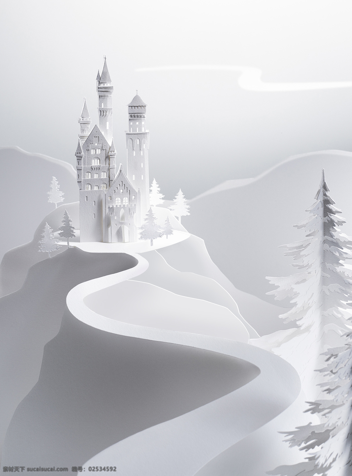 纸雕艺术城堡 纸雕 剪纸 白纸 折纸 城堡 童话 儿童 梦幻 模型 3d 白雪 创意图片