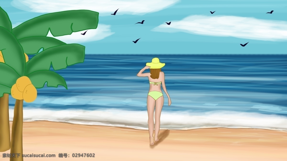 夏日 大暑 海滩 风光 比基尼 女孩 原创 插画 夏季 沙滩 夏 夏天 椰树 椰林 沙子 比基尼女孩 卡通 暑假 出游 清凉 游泳 燕子 戴帽子的女孩