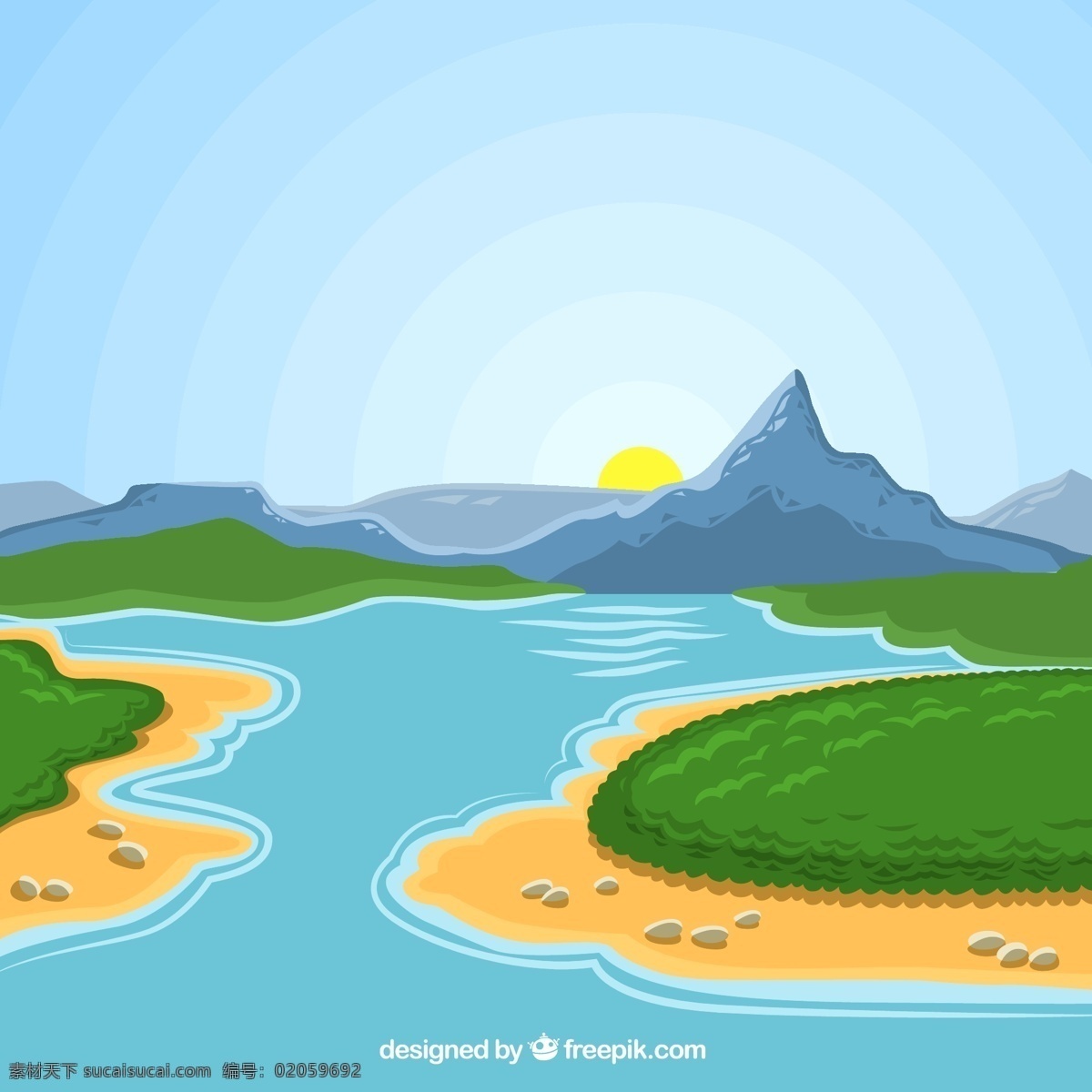 卡通 河谷 风景 矢量 太阳 山 河流 沙滩 植物 矢量图... 青色 天蓝色