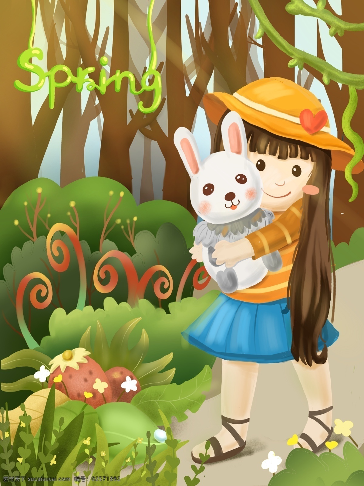四月 你好 美好 春日 spring 女孩 兔子 植物 花草 绿色 树木 青春 活泼
