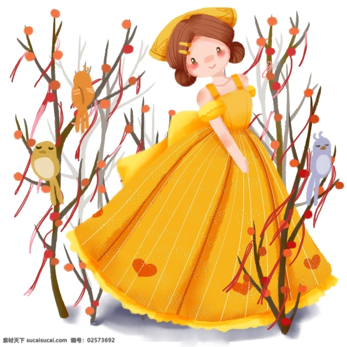 手绘 卡通 可爱 少女 黄色 裙子 秋天 植物 果子 小鸟 女孩 小女孩 森林 橙色 橙黄 舞蹈 起舞