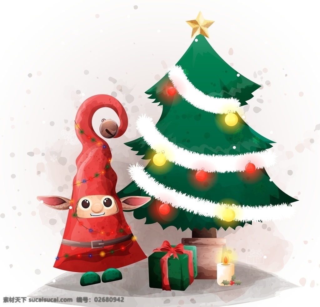 礼物 盒 圣诞树 圣诞节 插画 水彩 五角星 树木 卡通 可爱 礼物盒 蜡烛 礼品盒 礼盒 糖果