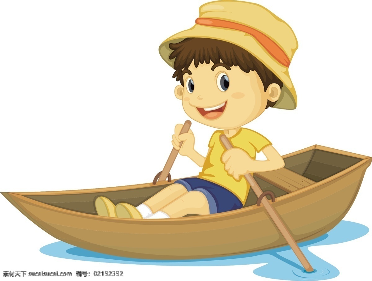 划船 卡通 矢量 源文件 人物 男孩 船 水 坐 开心 浆 帽子 矢量卡通 动漫动画 动漫人物