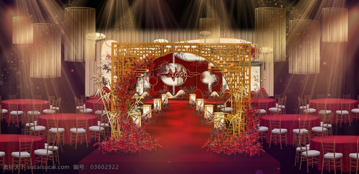 新 中式 婚禮 紅 金色 效果圖 新中式 紅色 紅金色 路引 舞臺背景 宮燈 交接區(qū) 分層