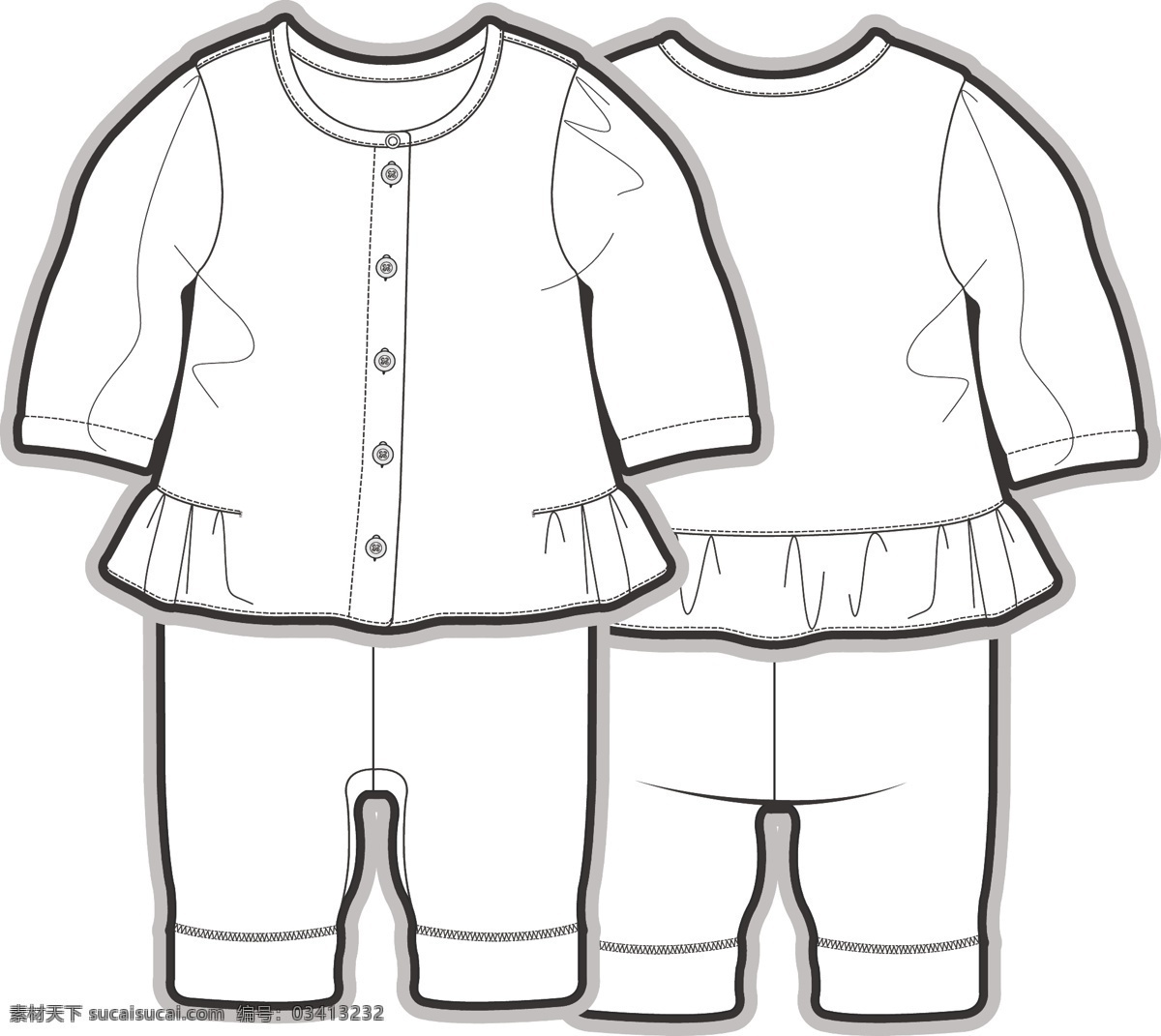 长袖 套装 小宝宝 黑白 服装 线 稿 矢量 设计素材 花边 上衣 儿童服装设计 可爱 手绘 保暖 线条 源文件
