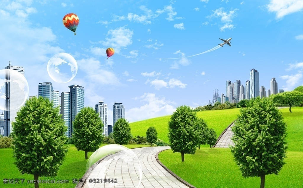韩国 风光 分层 建筑 楼 蓝天 白云 清新 开阔 经典 植物 飞机 风景 源文件 路 道路 气球 气泡 绿色