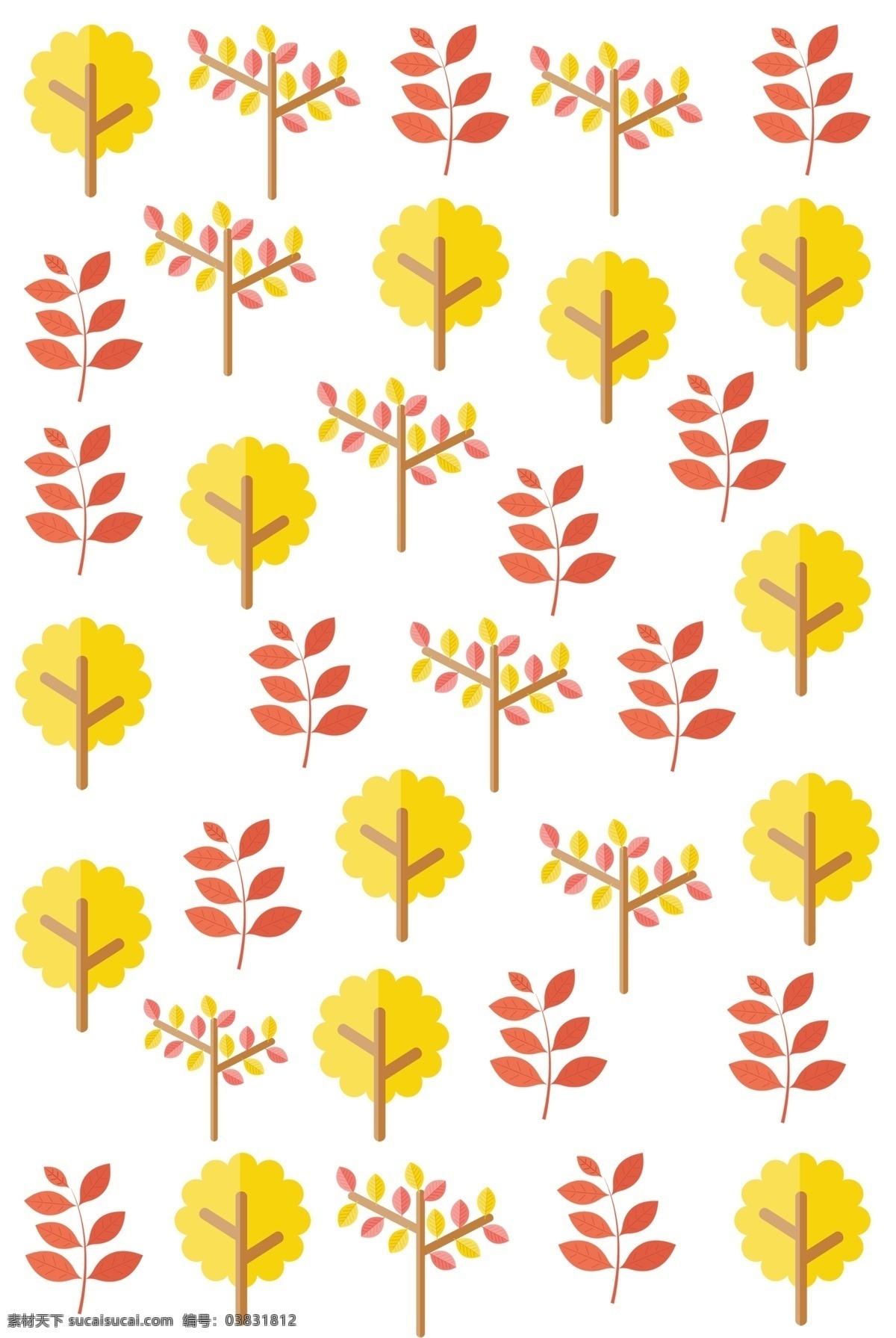 秋天 树木 底纹 插画 秋季 秋天的树 漂亮 黄色的树木 手绘卡通树 红色枝叶底纹 植物