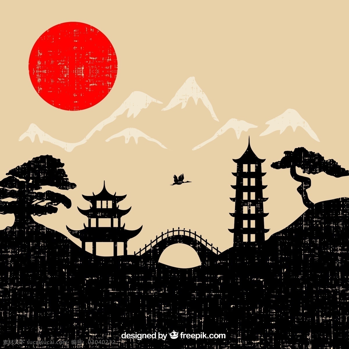 日式 风格 插画 太阳 亭子 松树 雪山 仙鹤 拱桥 矢量 高清图片