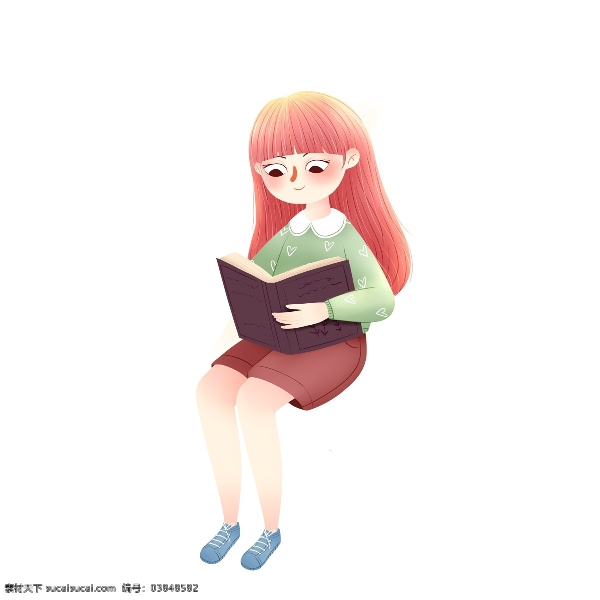 手绘 看书 女孩 小 清晰 文艺 清新 人物 读书 学习 学生 文艺少女 人物素材 书本 阅读