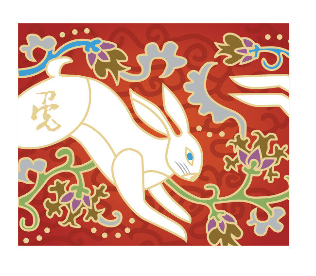新年 兔子 矢量 文件 新年兔子 花 花紋 白色