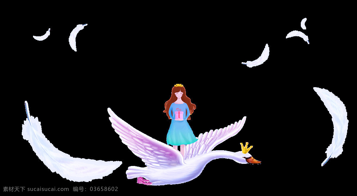卡通 白天鹅 头 戴 皇冠 背着 公主 飞翔 元素 童话 梦幻 png元素 免抠元素 透明元素