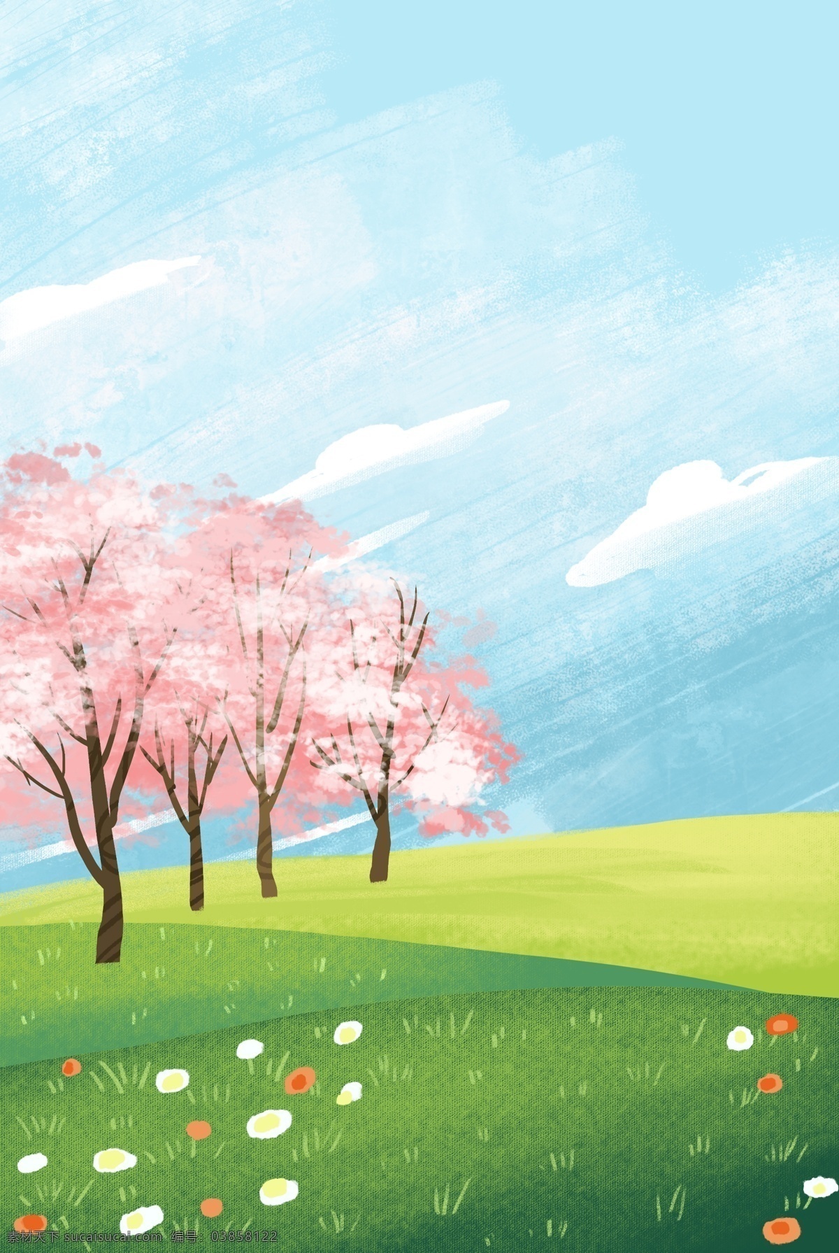 彩色 创意 春季 背景 季节 变化 大自然 草地 白云 装饰 大树