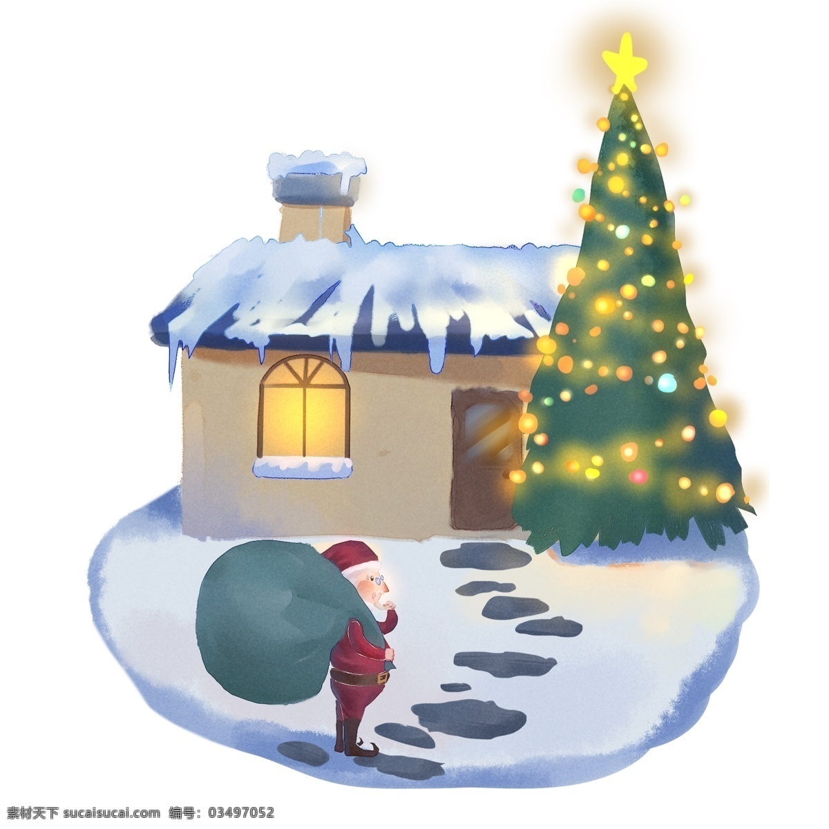 圣诞老人 悄悄 送礼 物 大雪 水彩 卡通 手绘 悄悄的 脚印 小路 房屋 烟囱 圣诞树 霓虹灯 窗户 包裹 门 绿色