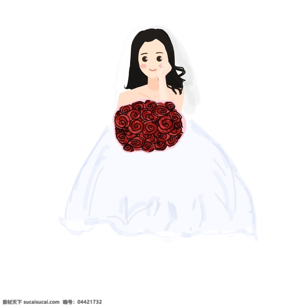 可爱 卡通 手绘 风 手持 玫瑰 幸福 女孩 婚纱