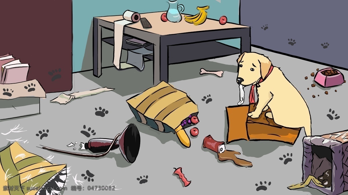 创意 个性 卡通 插画 宠物狗 拆家 捣乱