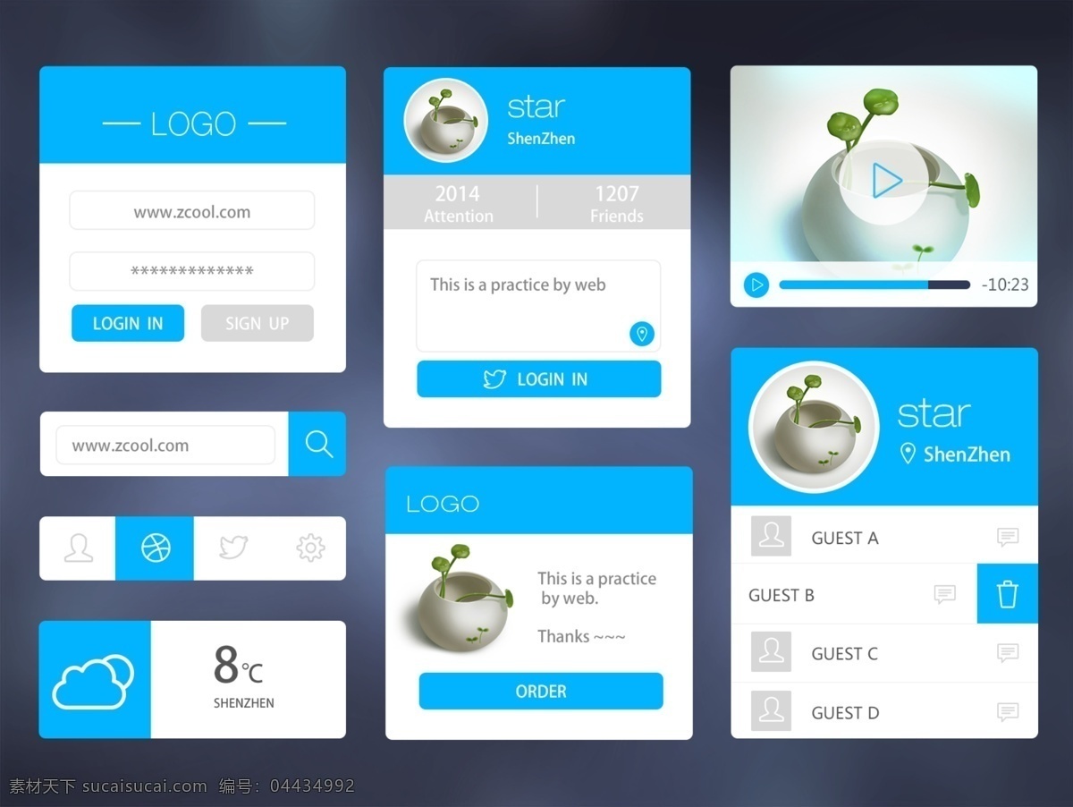 blue ui 播放 導(dǎo)航欄 登陸 藍(lán)色 天氣 圖標(biāo) 注冊(cè) 銅錢草 藍(lán)色ui 列表類別 starjia psd源文件