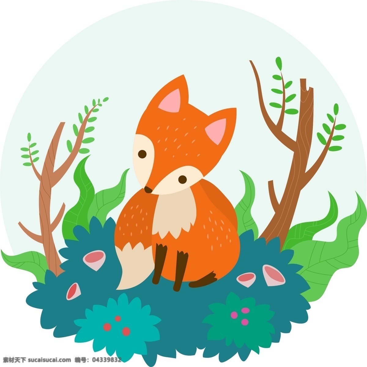 可爱 森林 狐狸 动物 花卉 树木 草地 文化艺术 绘画书法