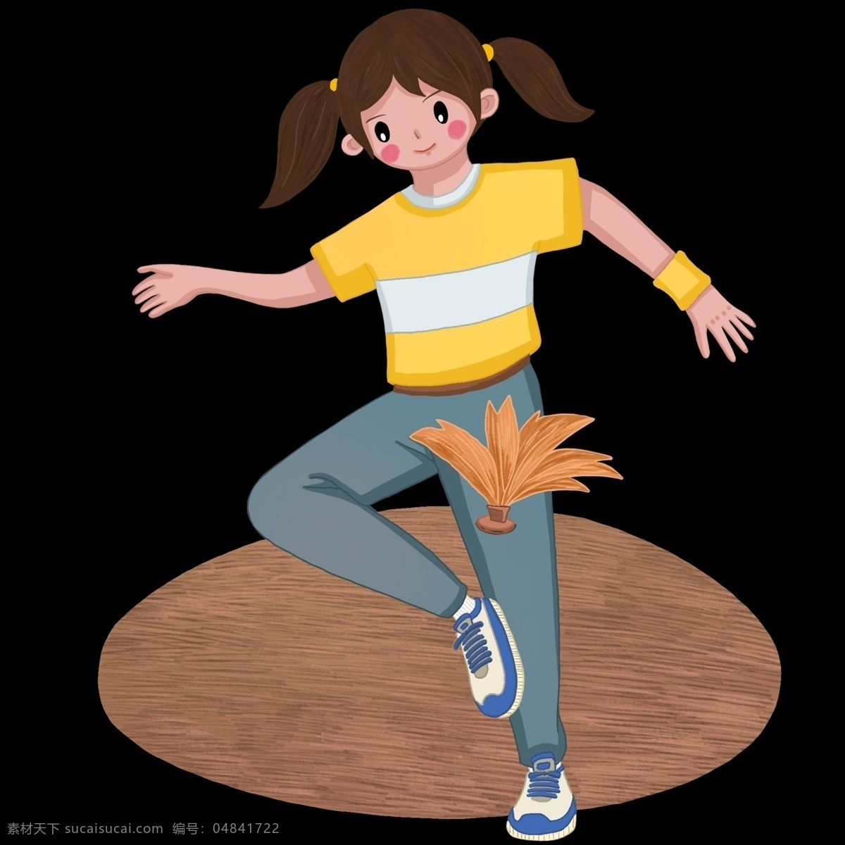 踢毽子 小女孩 插画 健身运动插画 踢毽子的女孩 健身的小女孩 黄色的毽子 卡通人物 漂亮的小女孩