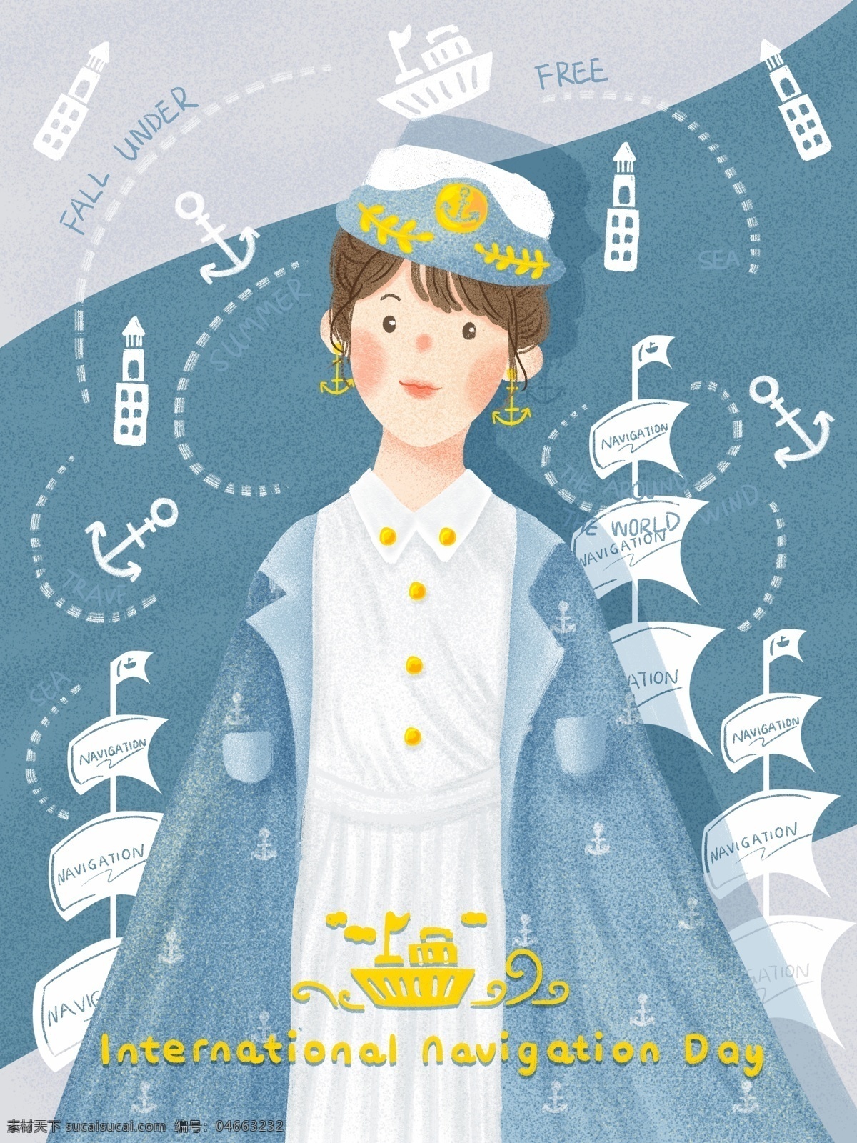 可愛(ài) 涂鴉 俏皮 海軍 女孩 國(guó)際 航海 日 海報(bào) 國(guó)際航海日 航海日 海軍風(fēng) 風(fēng)衣 襯衫 帆船 燈塔 航海日海報(bào) 手繪 耳飾 海軍帽 帽子