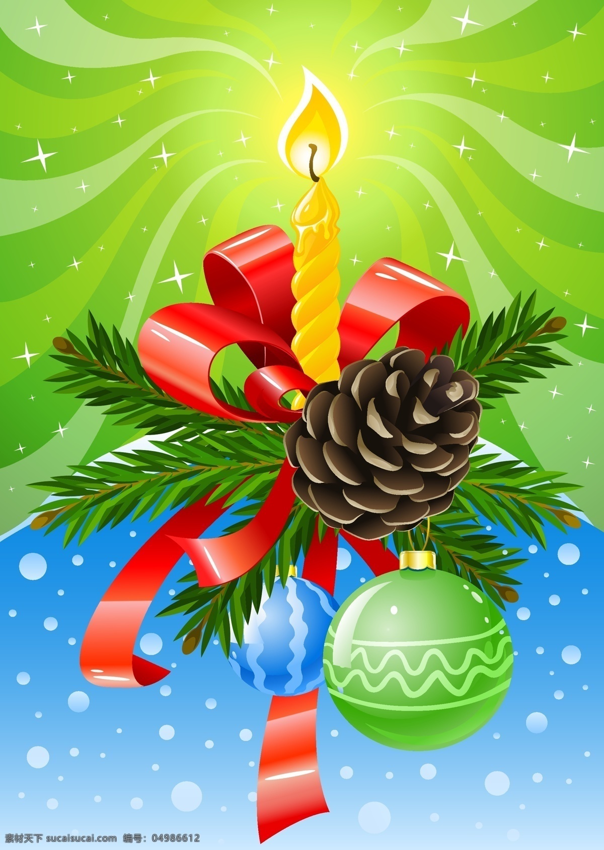 圣诞节 烛光 矢量 新年 丝带 松树果实 蜡烛 蝴蝶结 闪闪发光 火焰 星光 圣诞装饰球 绚烂背景 矢量图 绿色