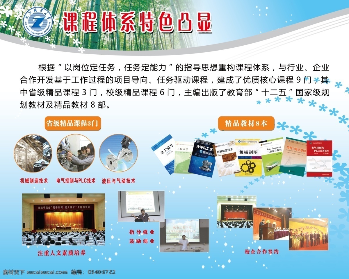 課程 體系 特色 凸顯 課程體系特色 大學(xué)展板 藍(lán)底 九江職業(yè)大學(xué) 精品教材 設(shè)計(jì)圖層 展板模板