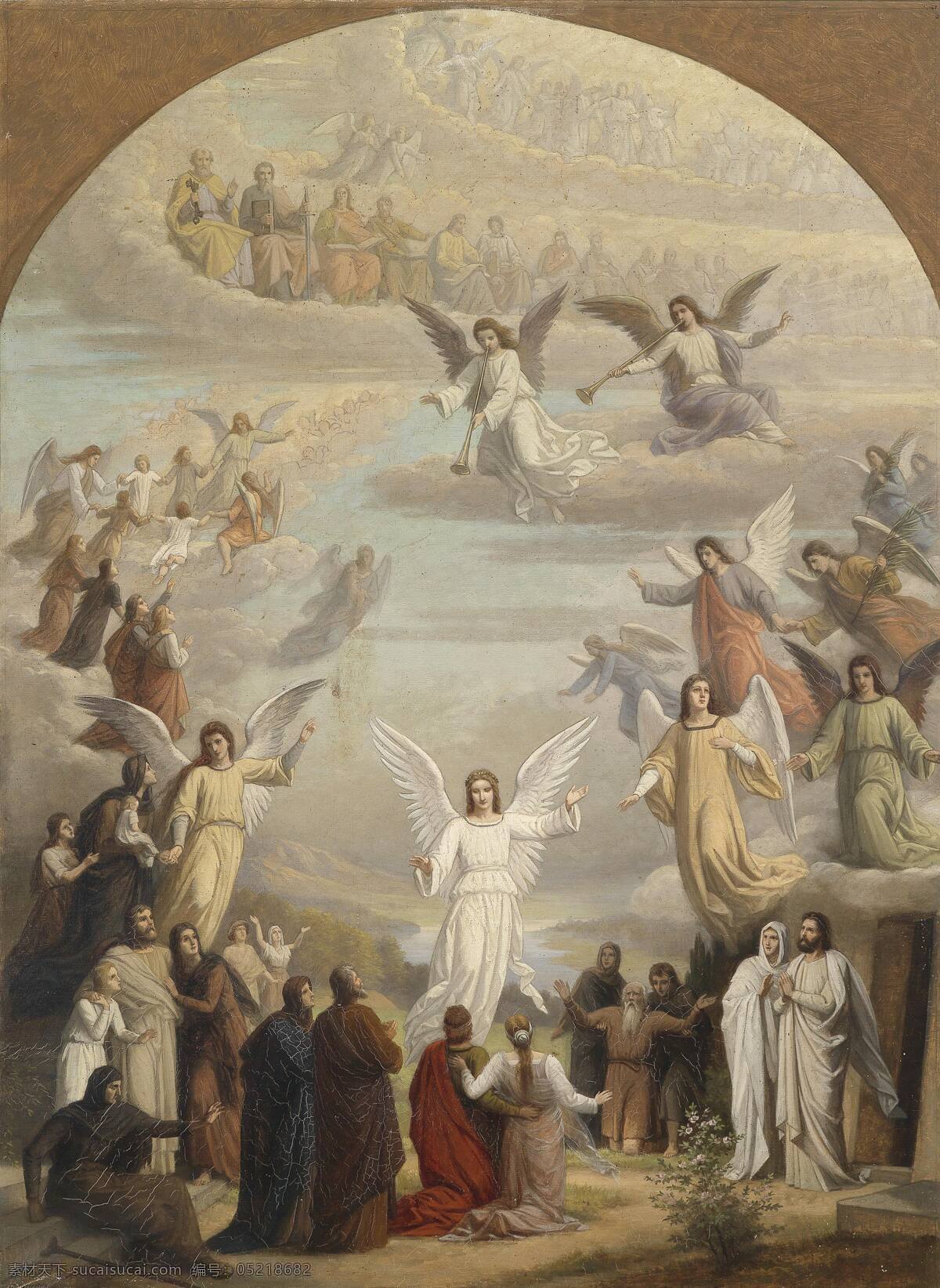 天使降临人间 宗教油画 天使 白云 19世纪油画 绘画书法 文化艺术