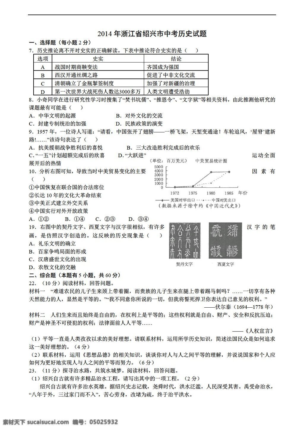 中考 專區(qū) 歷史 浙江省 紹興市 中考試題 人教版 中考專區(qū) 試題試卷