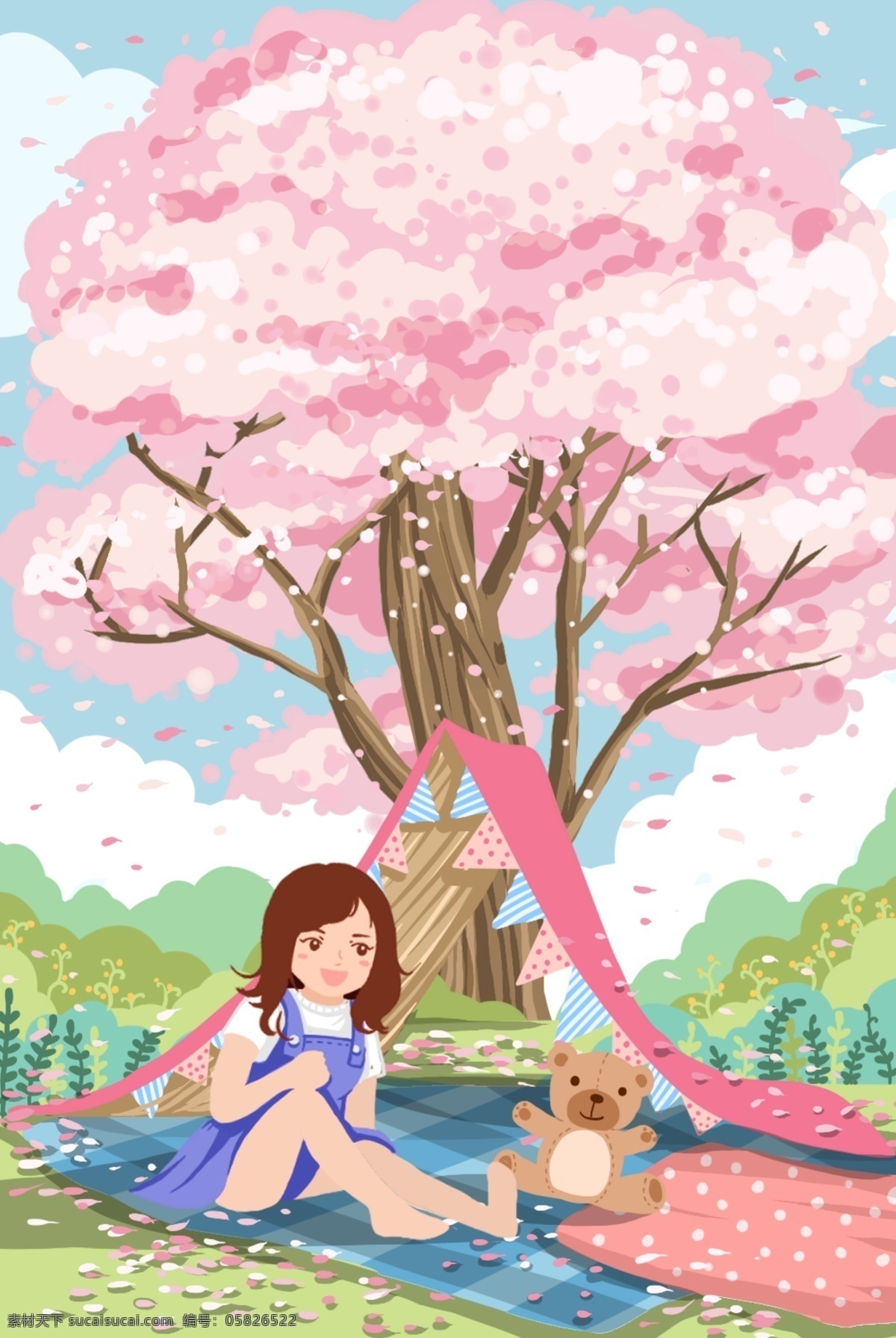 夏季 人物 女性 樱花树 插画 清新 类 背景 分层