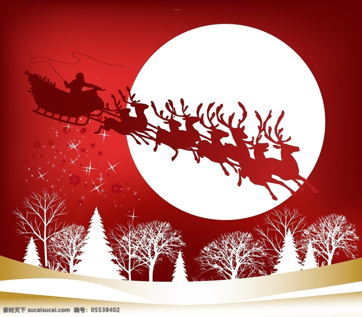 圣诞老人 驯鹿 雪橇 剪影 矢量 矢量素材 矢量图 圣诞节素材 喜庆节日 驯鹿麋鹿 雪花雪景 冬天背景 圣诞节剪影 蓝色背景 红色