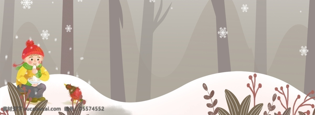 十二月 你好 森林 男孩 鸟 插画 背景 十二月你好 冬天 动物 服装 出行 树枝 插画风 banner