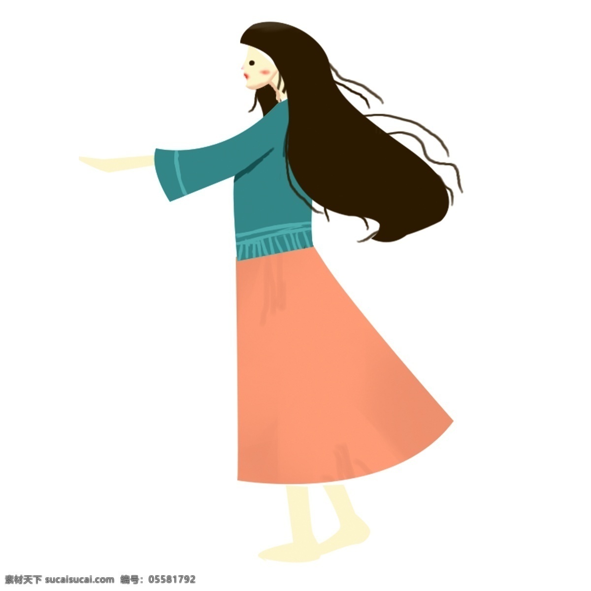 可愛 長發(fā) 飄揚 少女 裝飾 元素 裝飾元素 手繪 粉裙 美麗 文藝