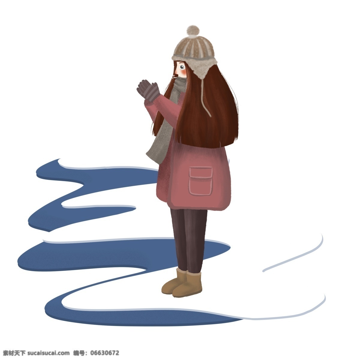 冬季 卡通 人物 手绘 保暖 积雪 围巾 女孩 长发 手套 可爱 冬天 雪地靴 帽子 哈气 取暖